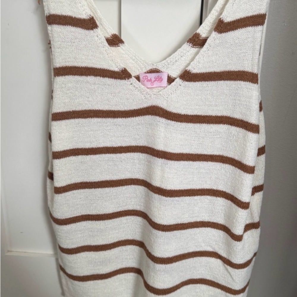 Pink Lily White and Brown Striped Sweater Tank Top